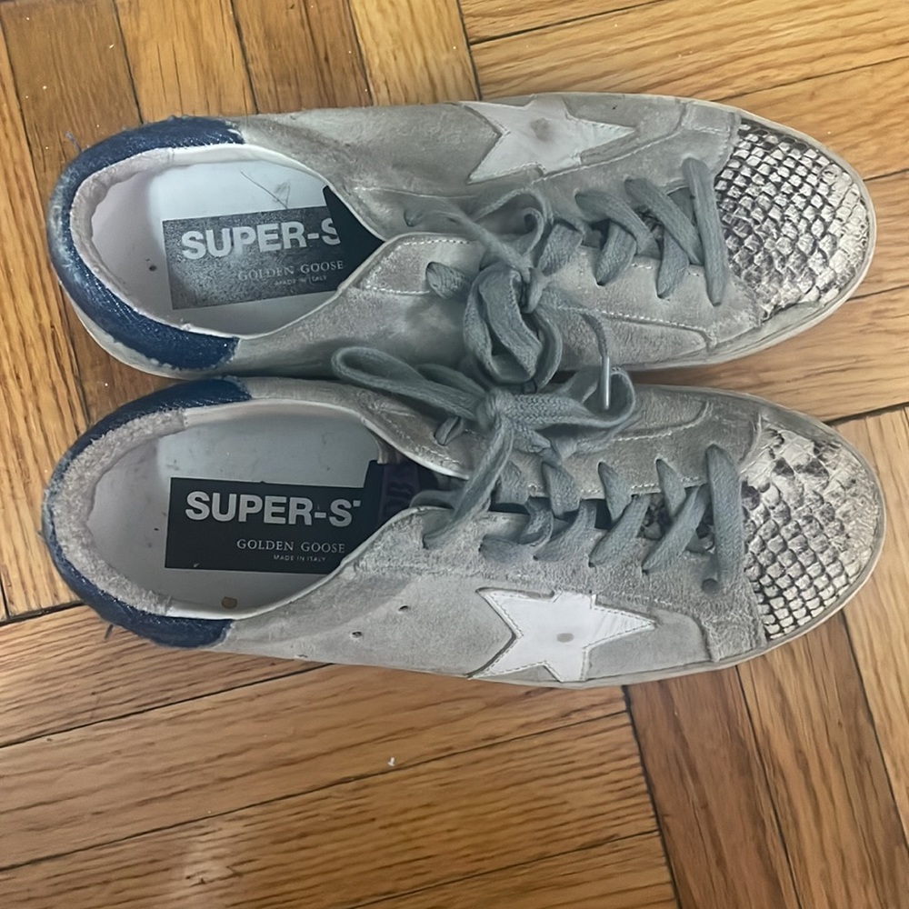 size 37 golden goose sneakers. great condition. neutral with denim heel detail